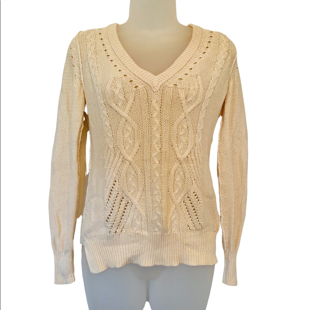 Banana Republic Sweater 100% Cotton Cable Knit Ribbon Tie Back Side Slits size S